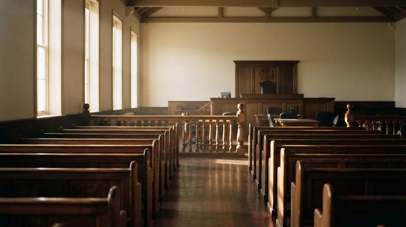 An empty courtroom with wooden benches in morning light