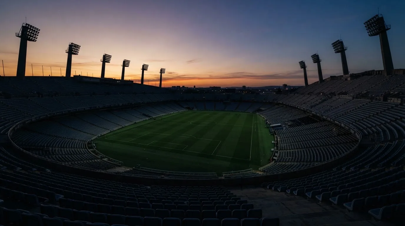 An empty football stadium with floodlight masts at dusk