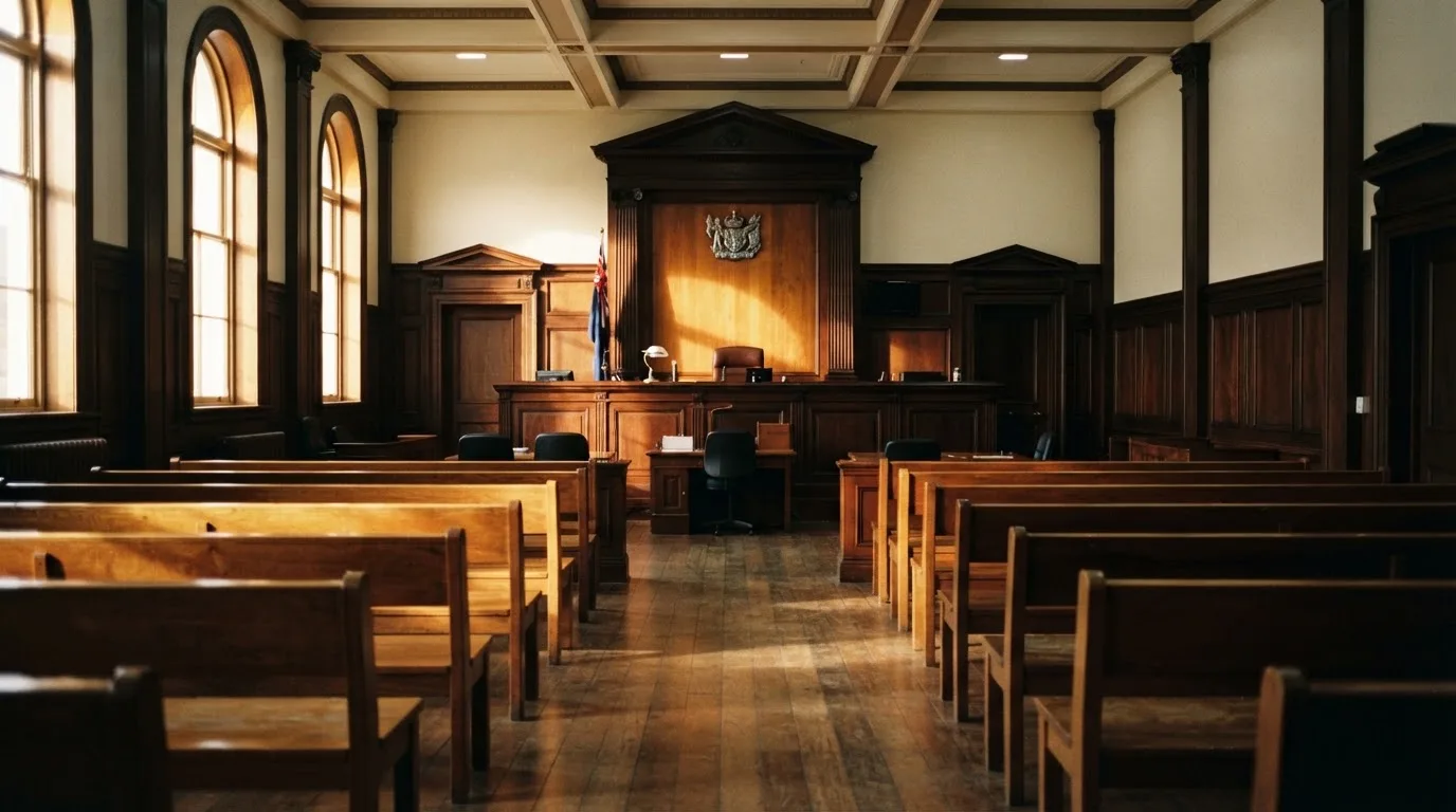 An empty courtroom with wooden benches in morning light