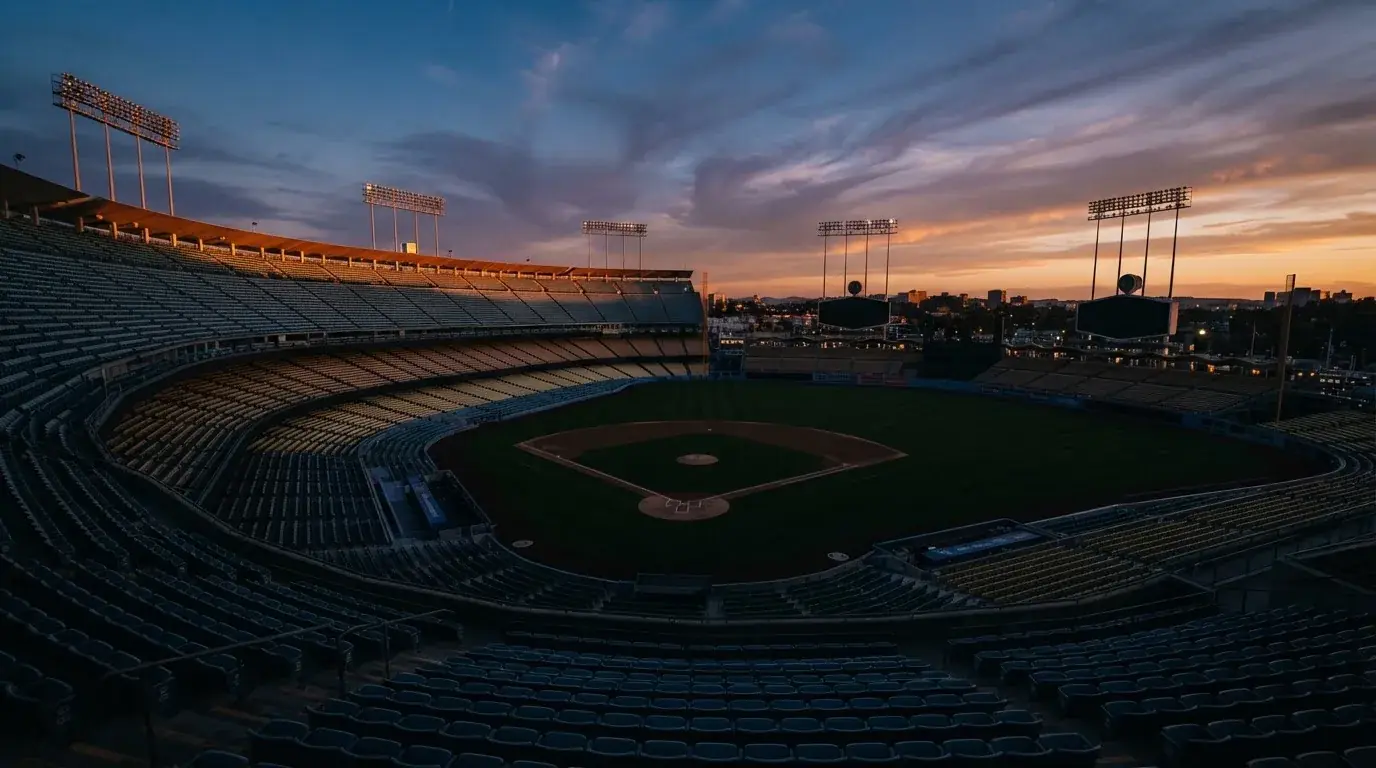 An empty football stadium with floodlight masts at dusk