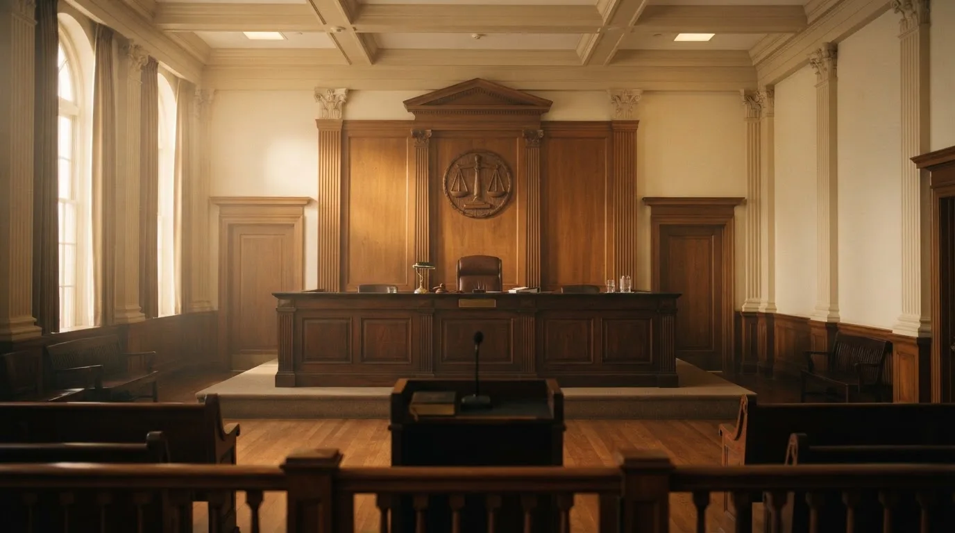 An empty courtroom with wooden benches in morning light