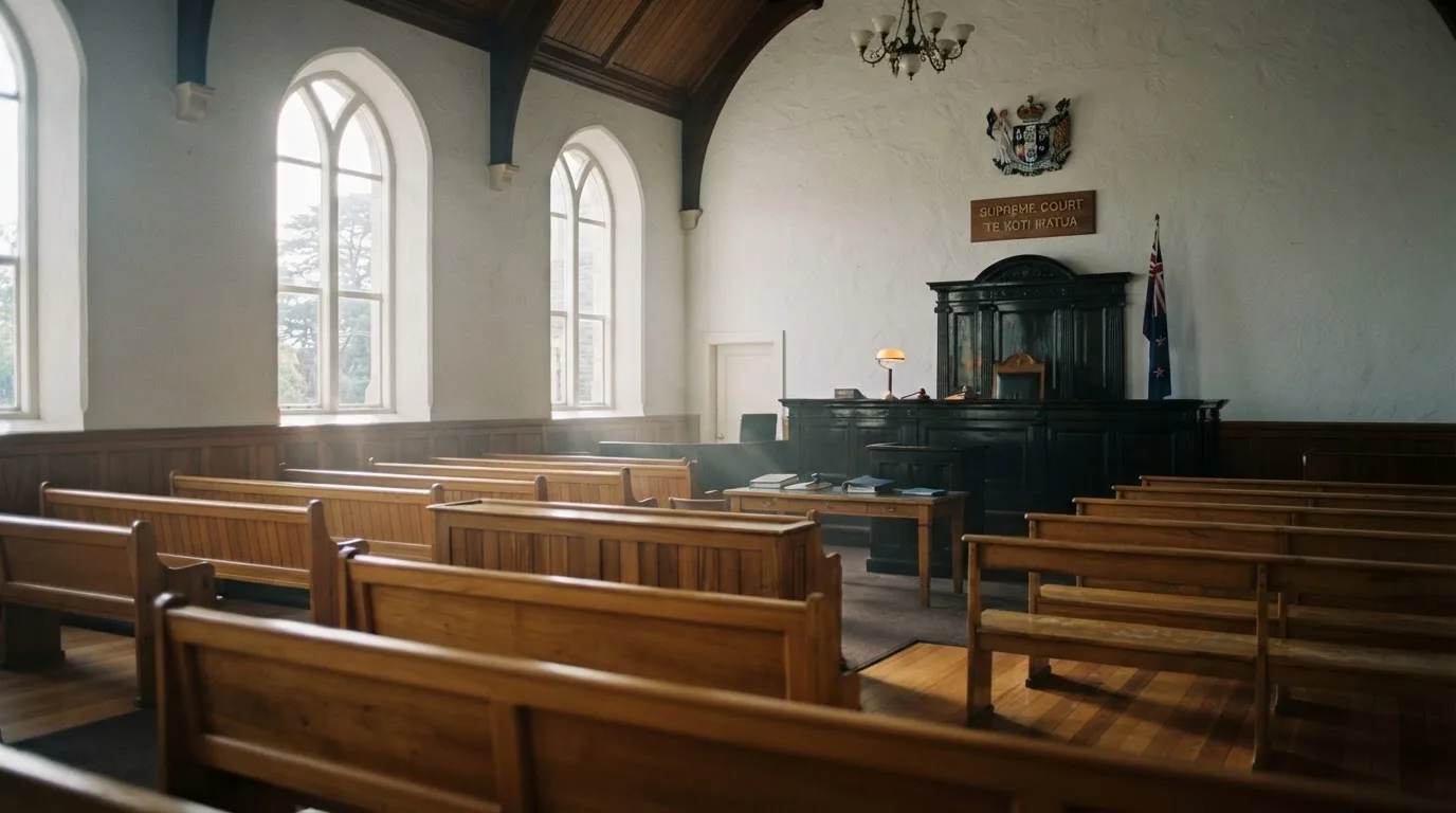 An empty courtroom with wooden benches in morning light