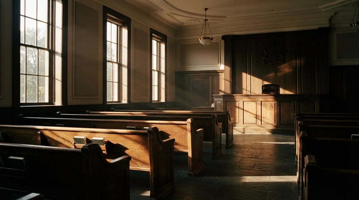 An empty courtroom with wooden benches in morning light