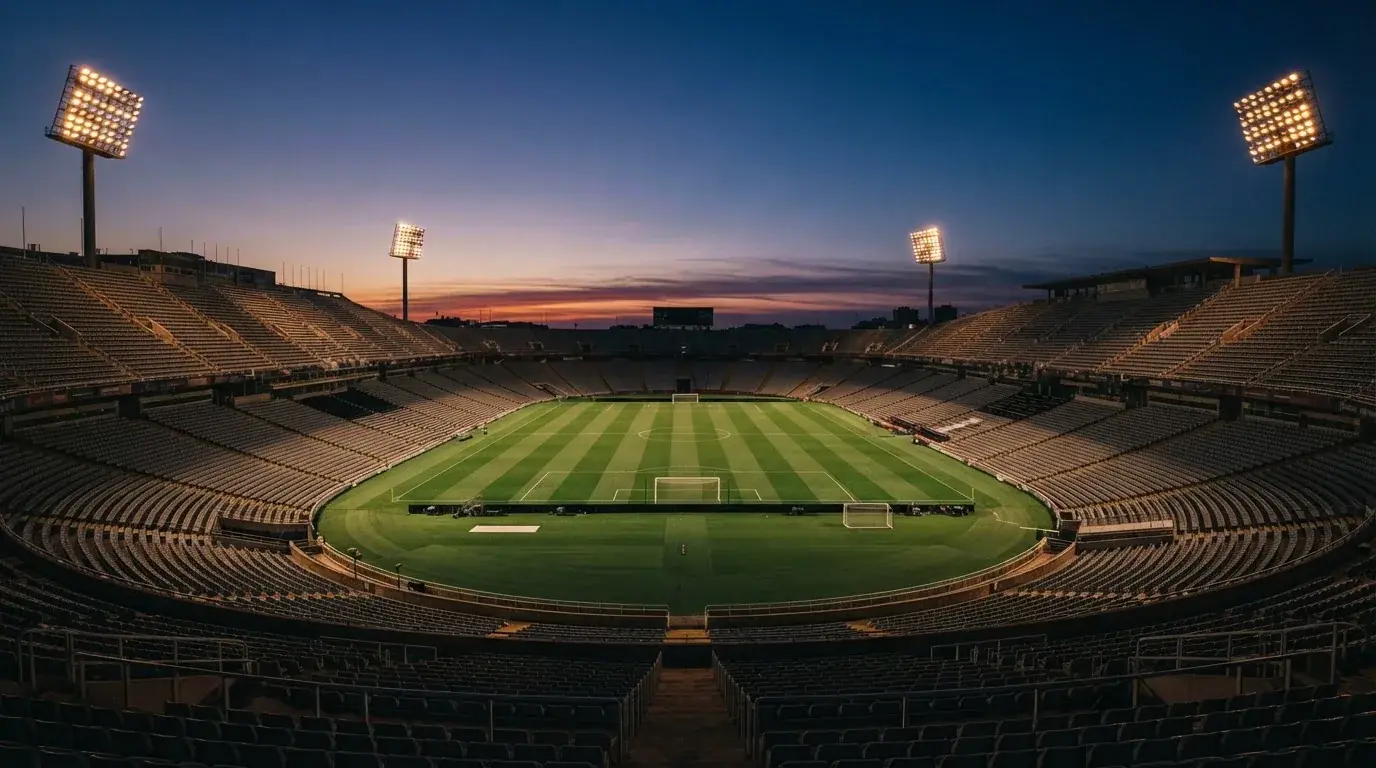 An empty football stadium with floodlight masts at dusk
