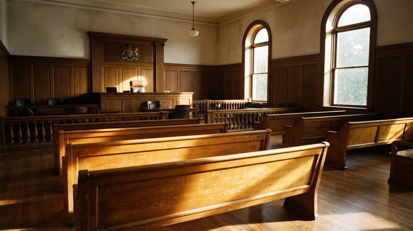 An empty courtroom with wooden benches in morning light