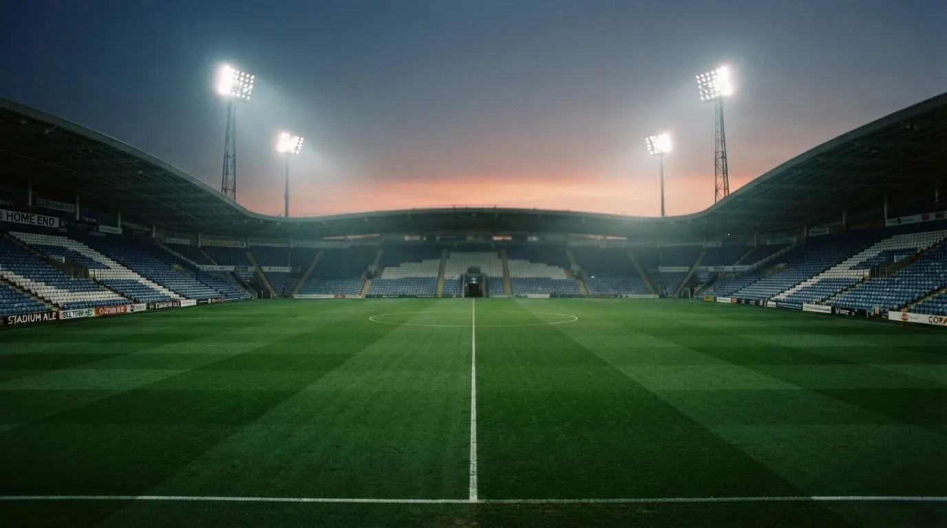An empty football stadium with floodlight masts at dusk