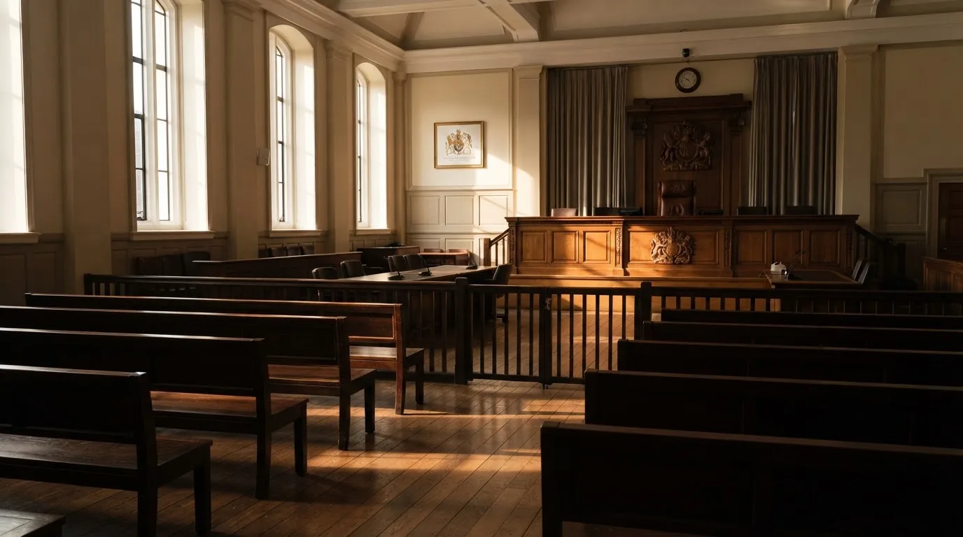 An empty courtroom with wooden benches in morning light