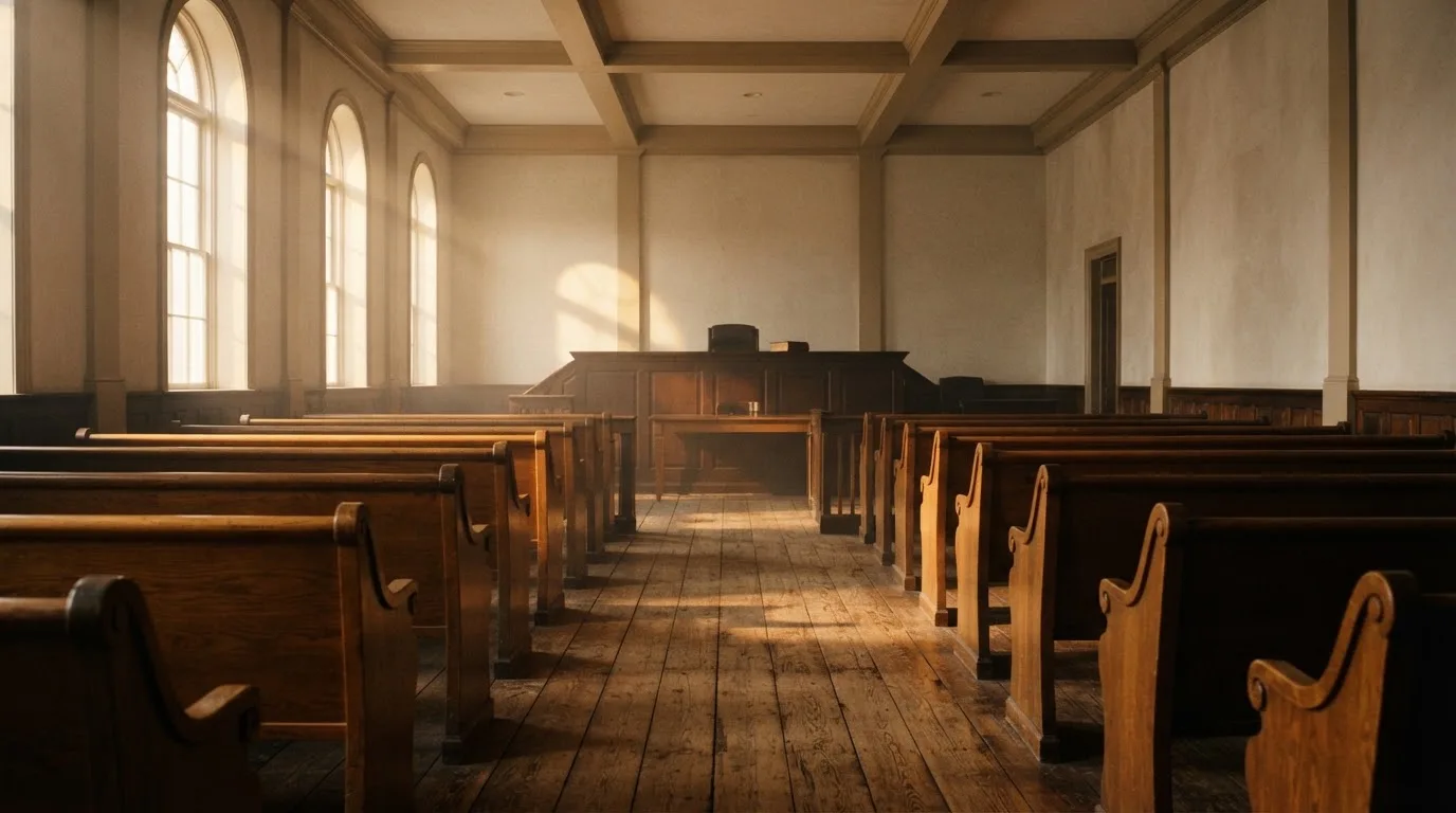 An empty courtroom with wooden benches in morning light