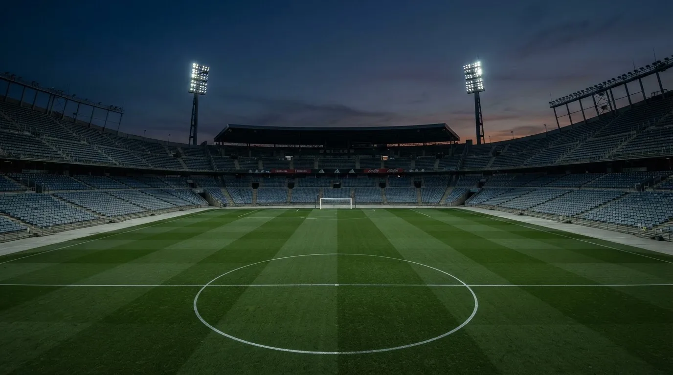 An empty football stadium with floodlight masts at dusk