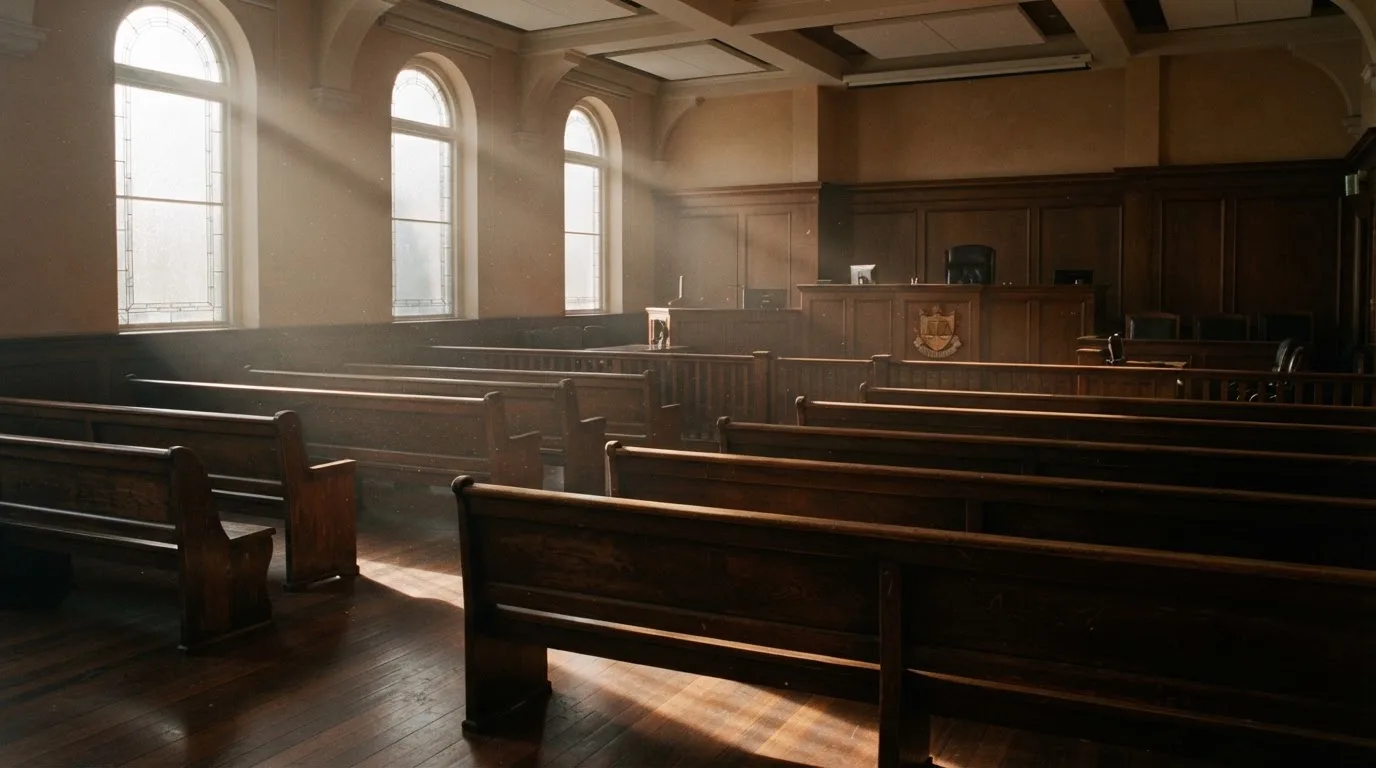 An empty courtroom with wooden benches in morning light
