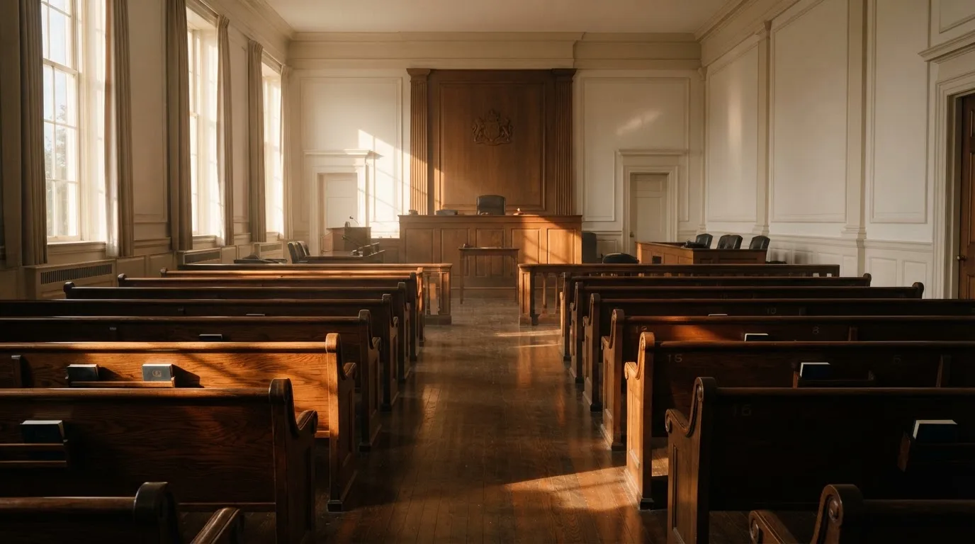 An empty courtroom with wooden benches in morning light