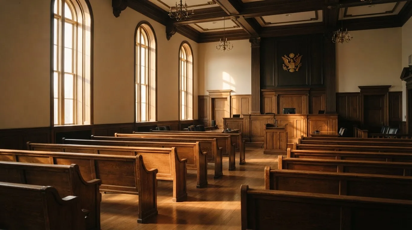 An empty courtroom with wooden benches in morning light