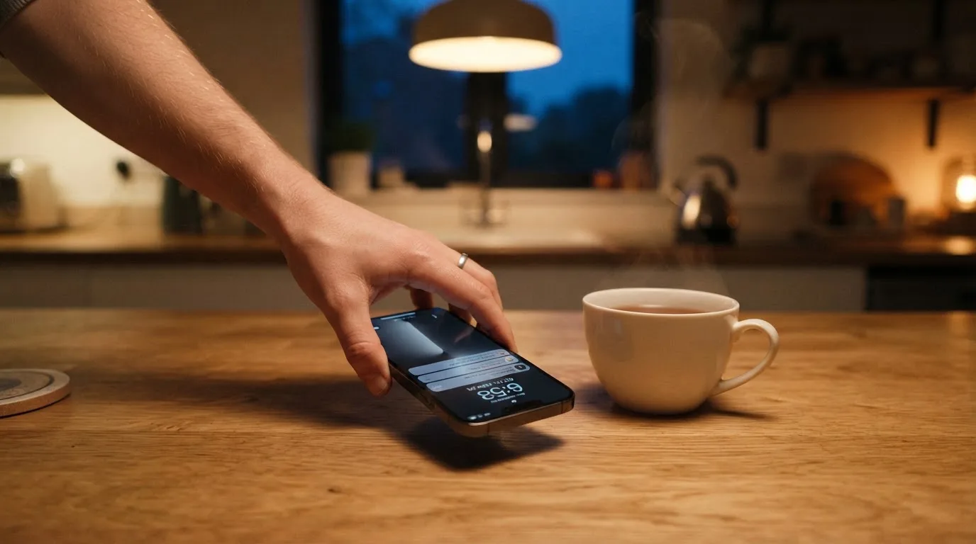 A hand setting a smartphone down beside a cup of tea on a kitchen table on a quiet evening