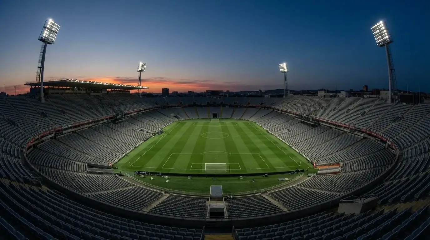 An empty football stadium with floodlight masts at dusk