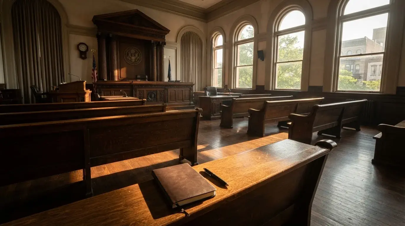 An empty courtroom with wooden benches in morning light