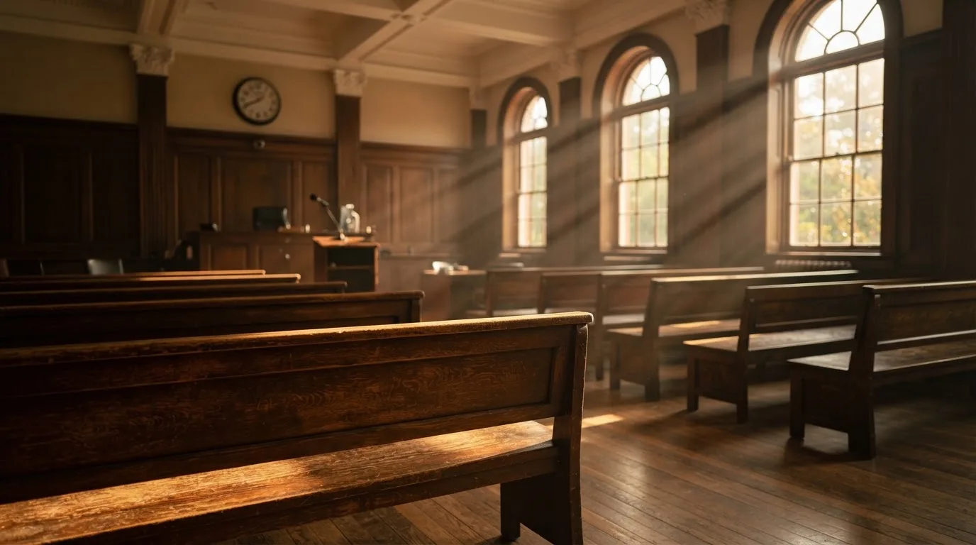 An empty courtroom with wooden benches in morning light