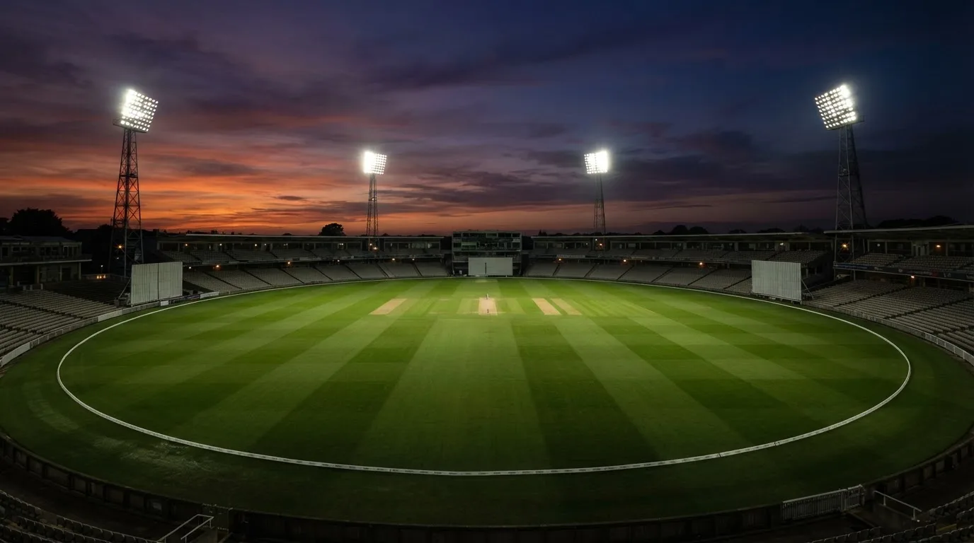 An empty football stadium with floodlight masts at dusk