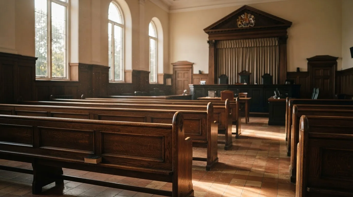 An empty courtroom with wooden benches in morning light