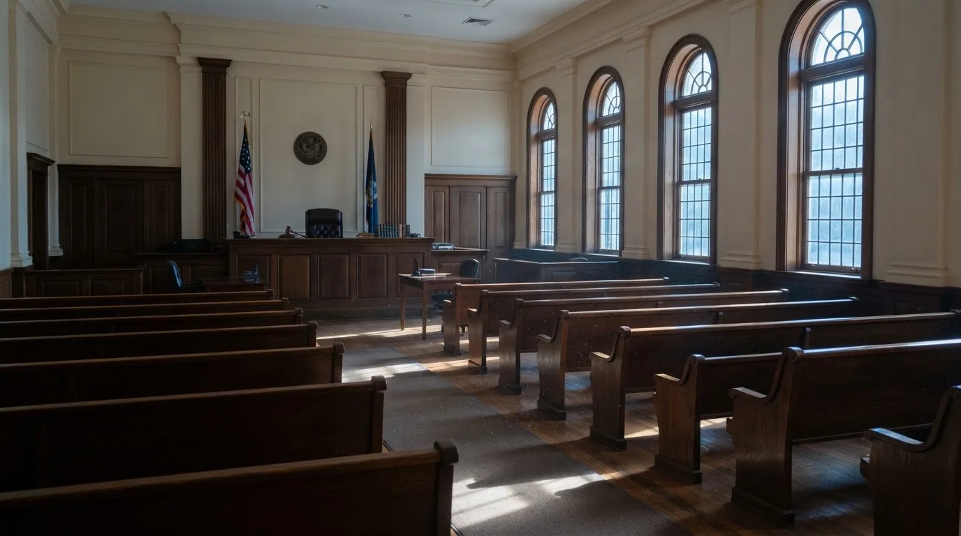 An empty courtroom with wooden benches in morning light