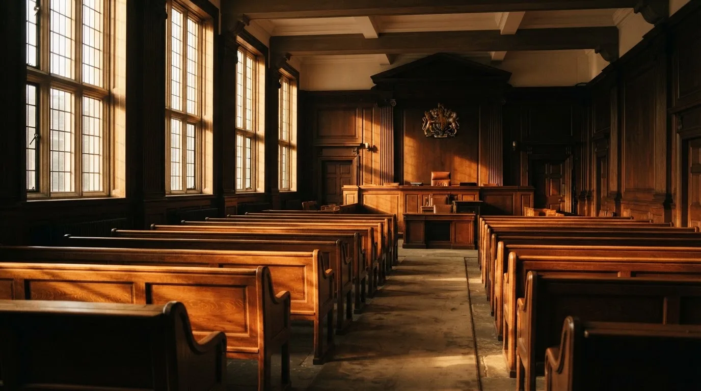 An empty courtroom with wooden benches in morning light
