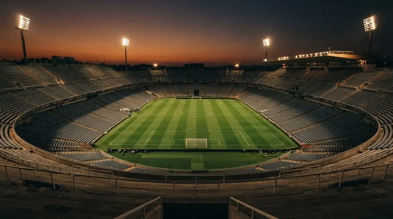An empty football stadium with floodlight masts at dusk