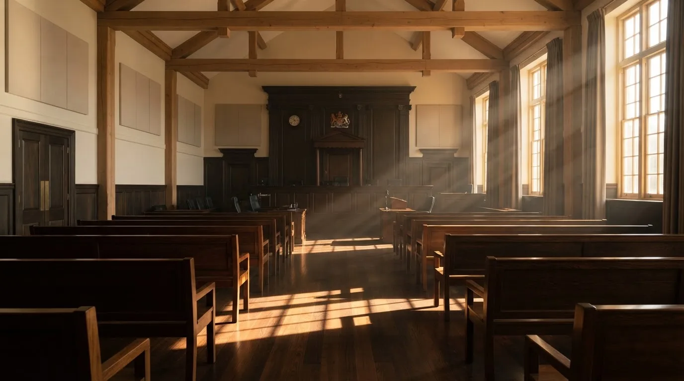 An empty courtroom with wooden benches in morning light