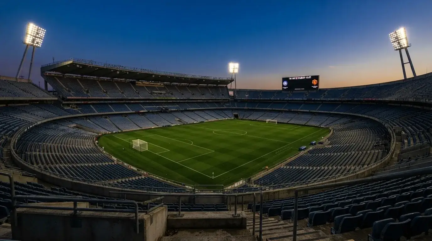 An empty football stadium with floodlight masts at dusk