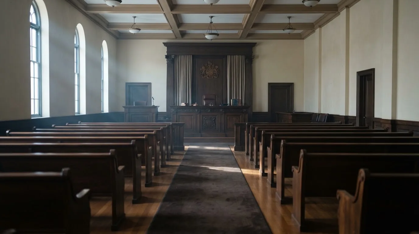 An empty courtroom with wooden benches in morning light