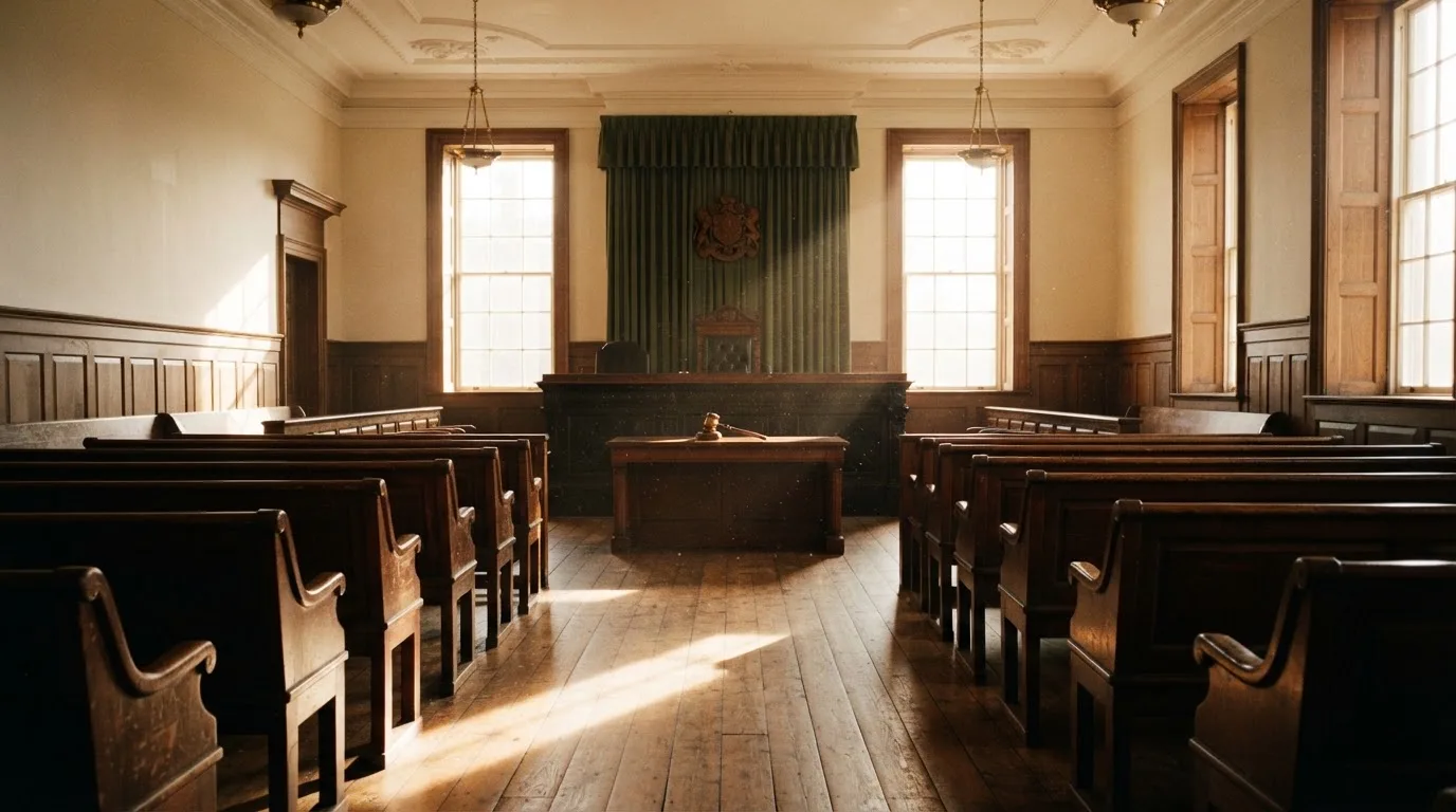 An empty courtroom with wooden benches in morning light