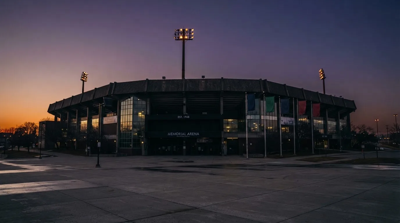 An empty football stadium with floodlight masts at dusk