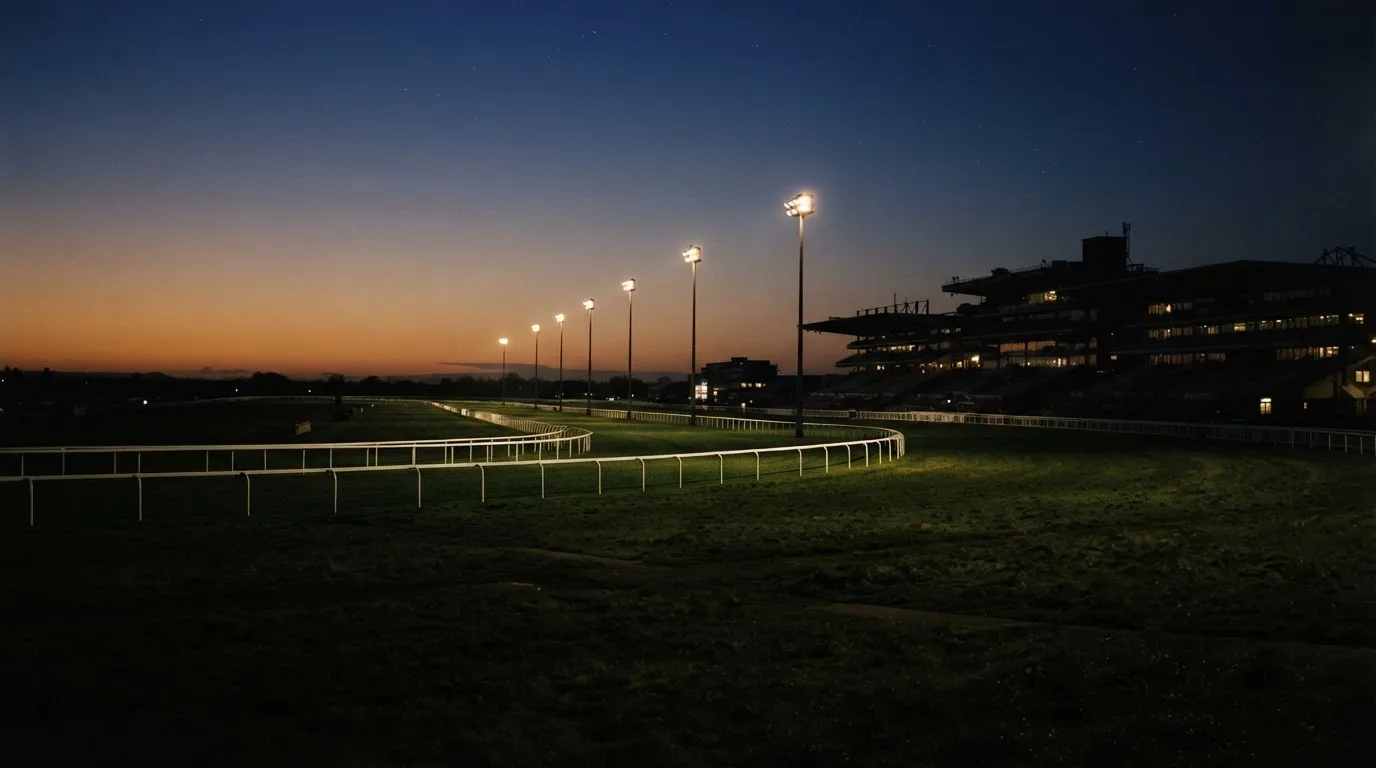 An empty football stadium with floodlight masts at dusk