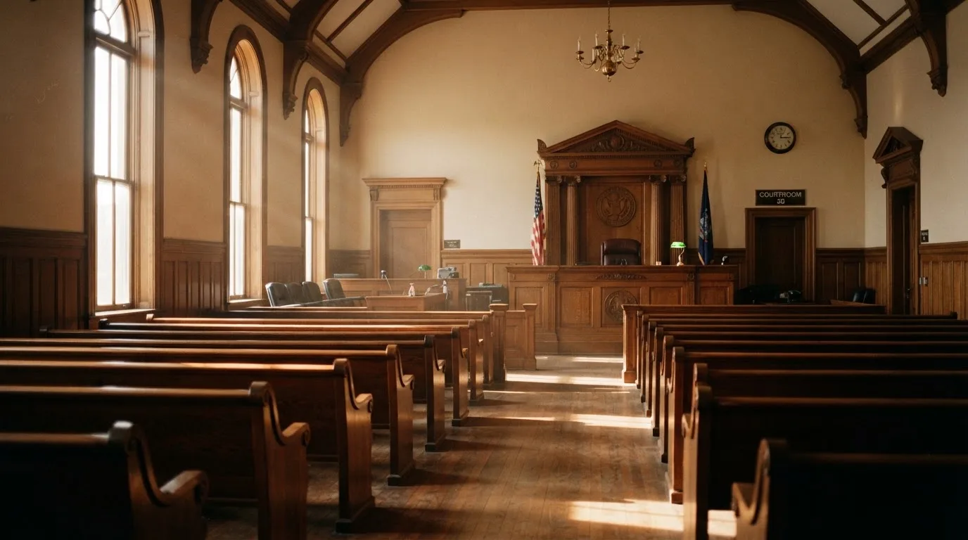 An empty courtroom with wooden benches in morning light
