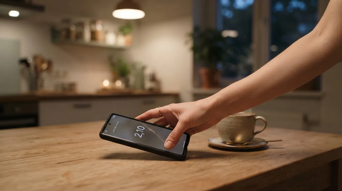 A hand setting a smartphone down beside a cup of tea on a kitchen table on a quiet evening