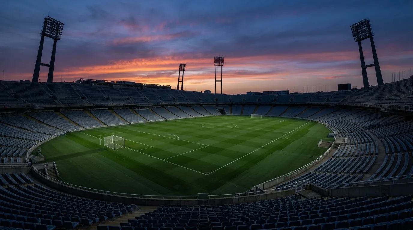 An empty football stadium with floodlight masts at dusk