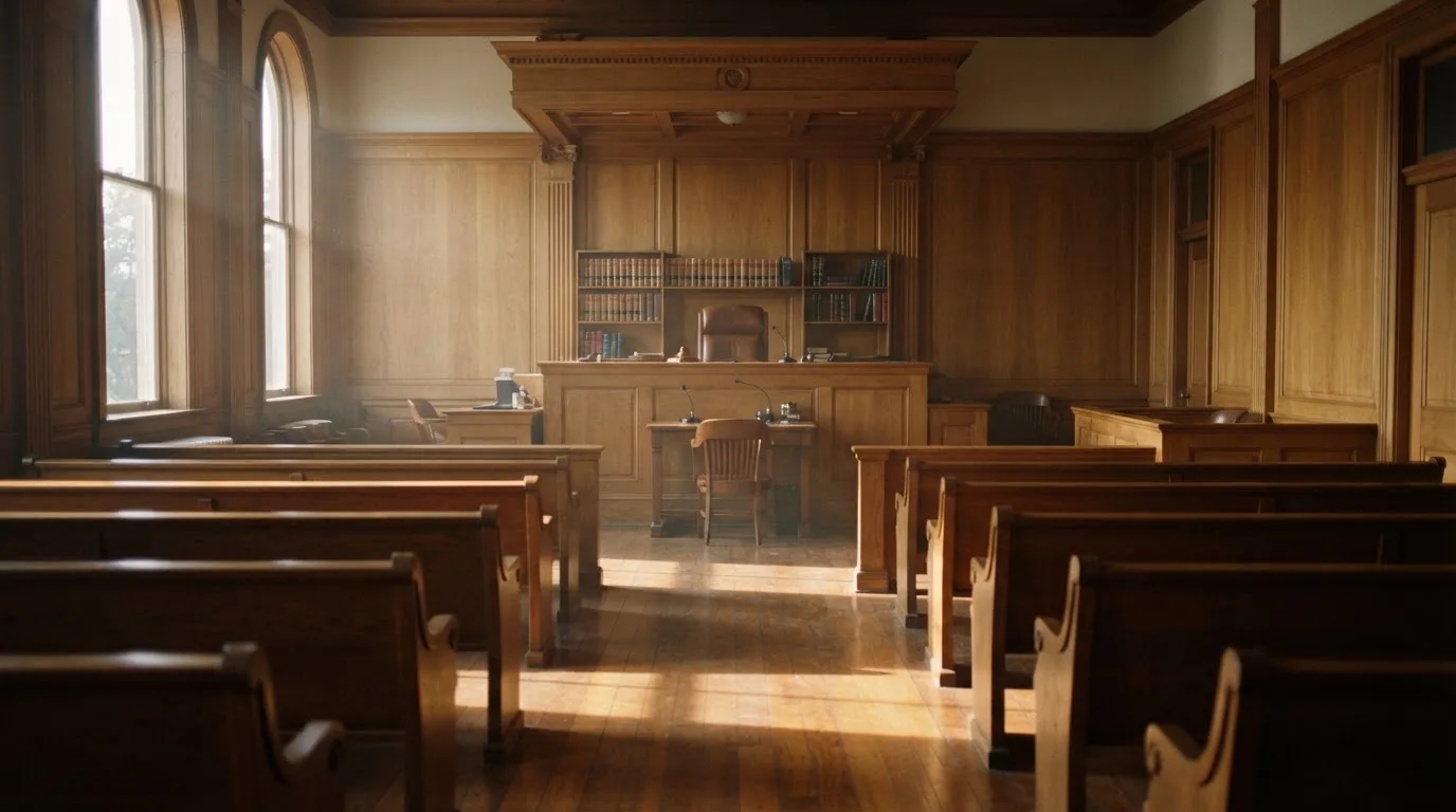 An empty courtroom with wooden benches in morning light