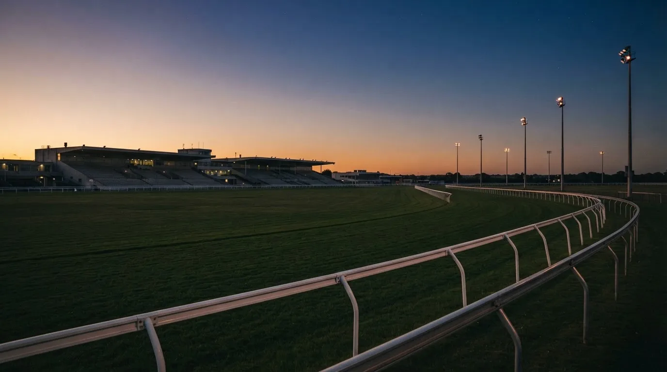 An empty football stadium with floodlight masts at dusk