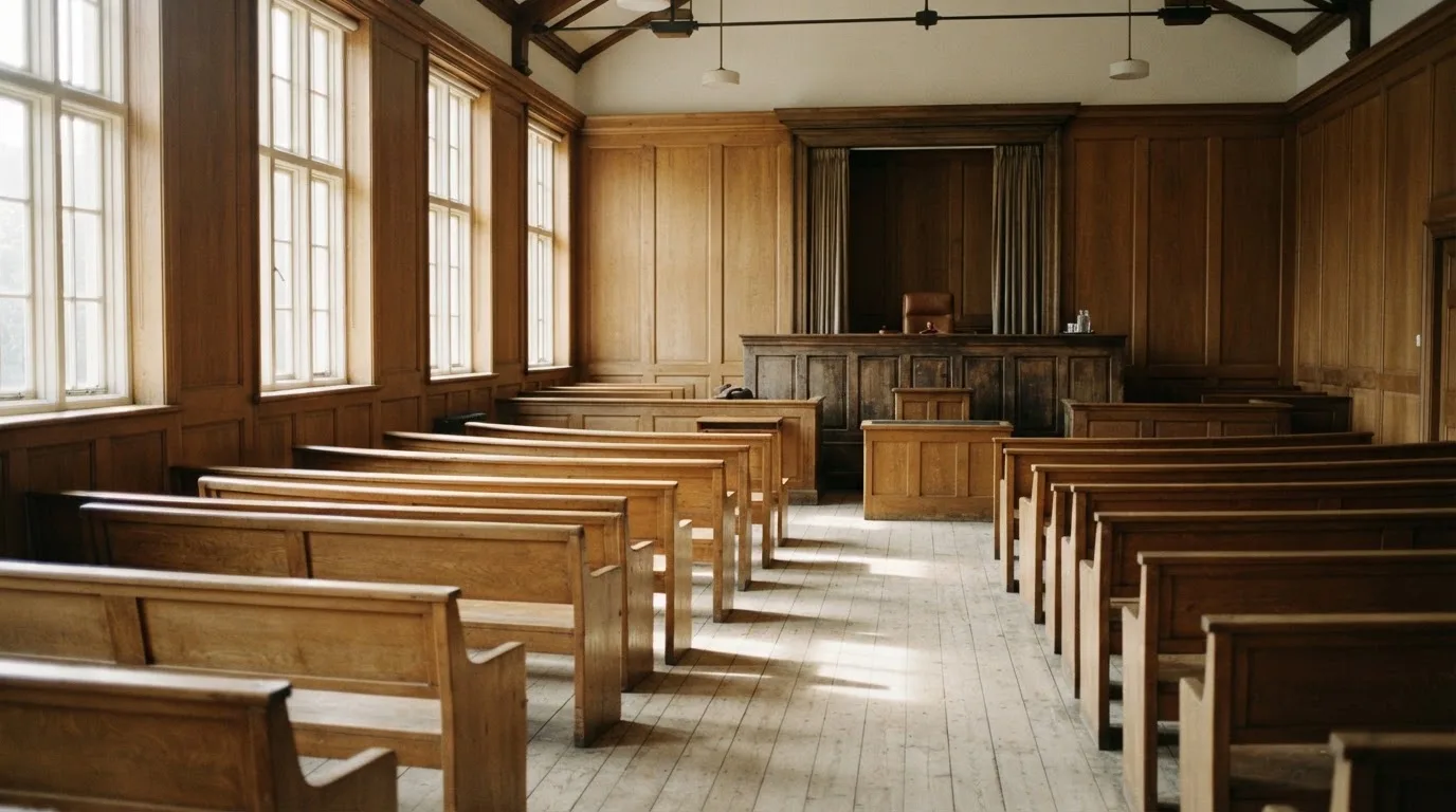 An empty courtroom with wooden benches in morning light