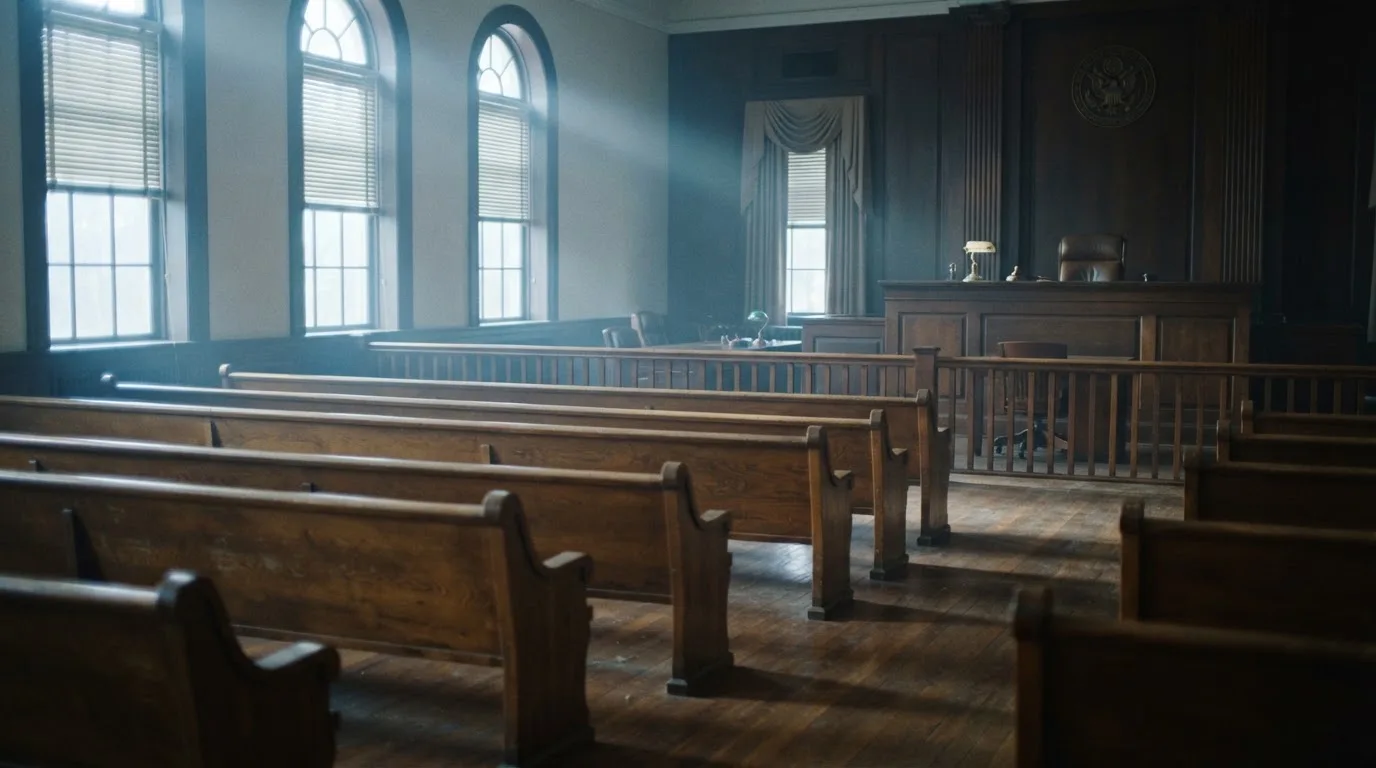 An empty courtroom with wooden benches in morning light