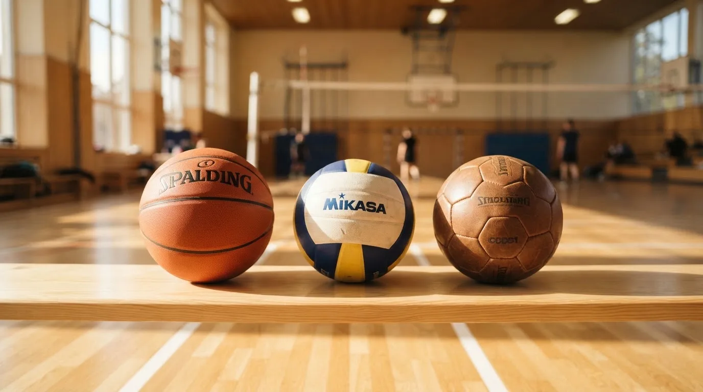 Three balls of different kinds side by side on a wooden bench