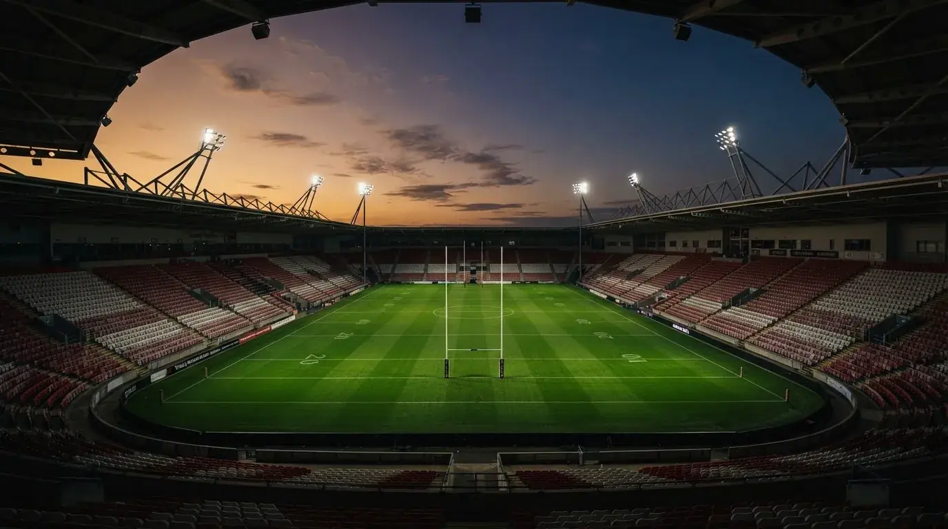 An empty football stadium with floodlight masts at dusk
