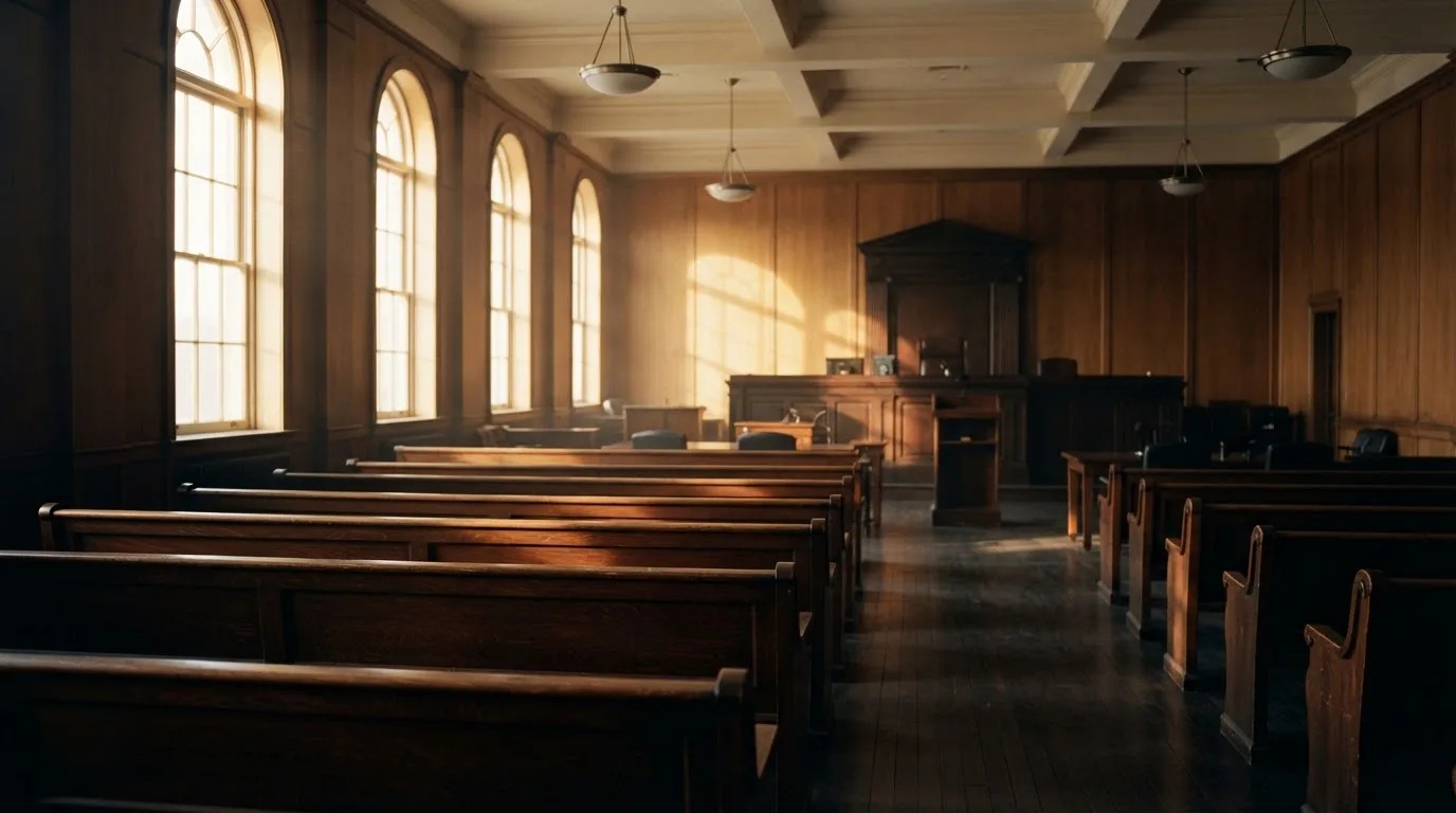 An empty courtroom with wooden benches in morning light