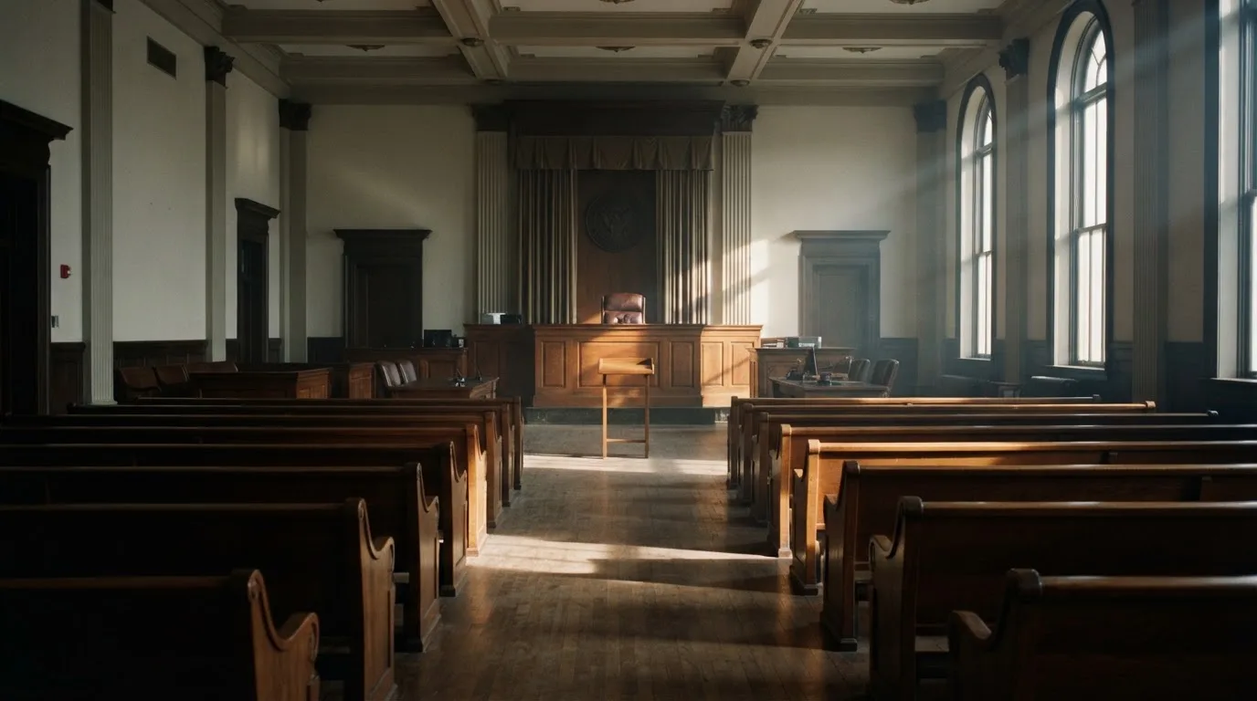 An empty courtroom with wooden benches in morning light