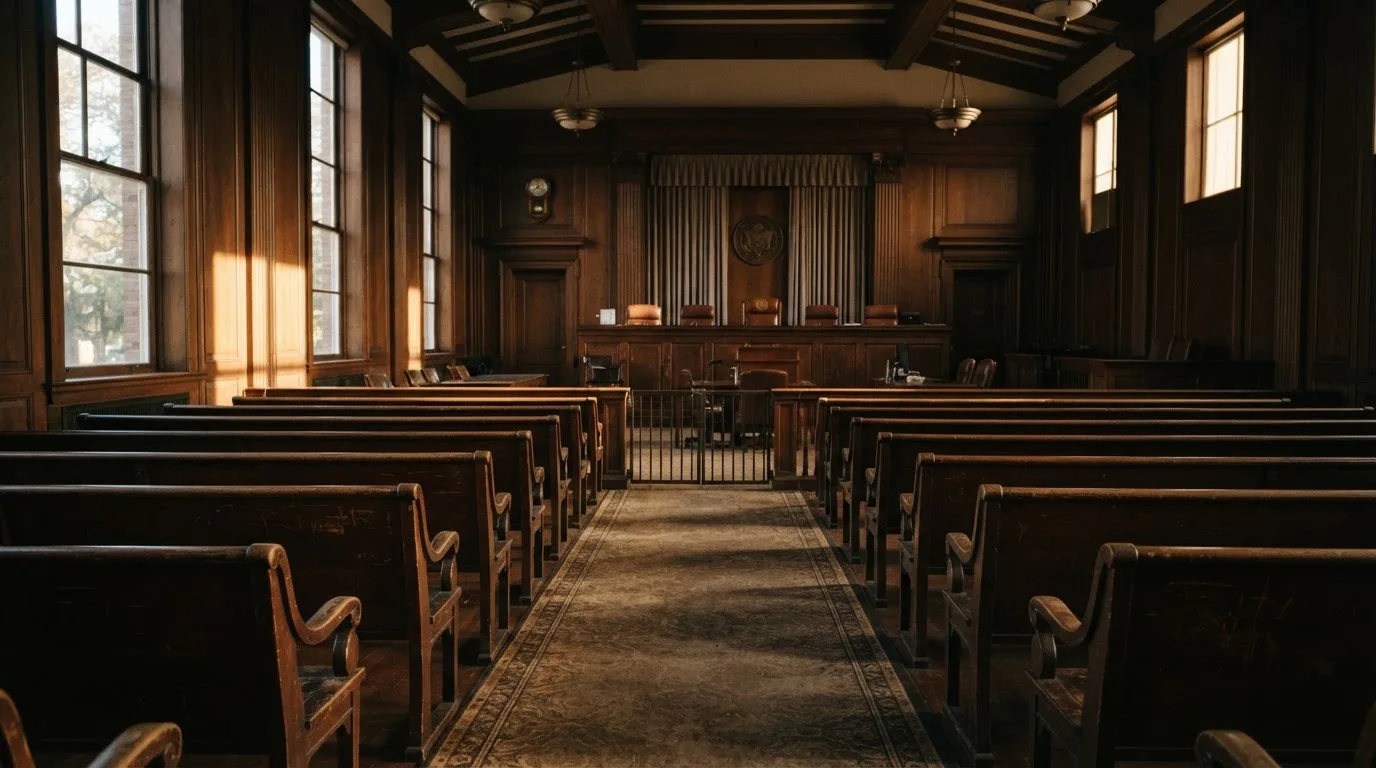 An empty courtroom with wooden benches in morning light