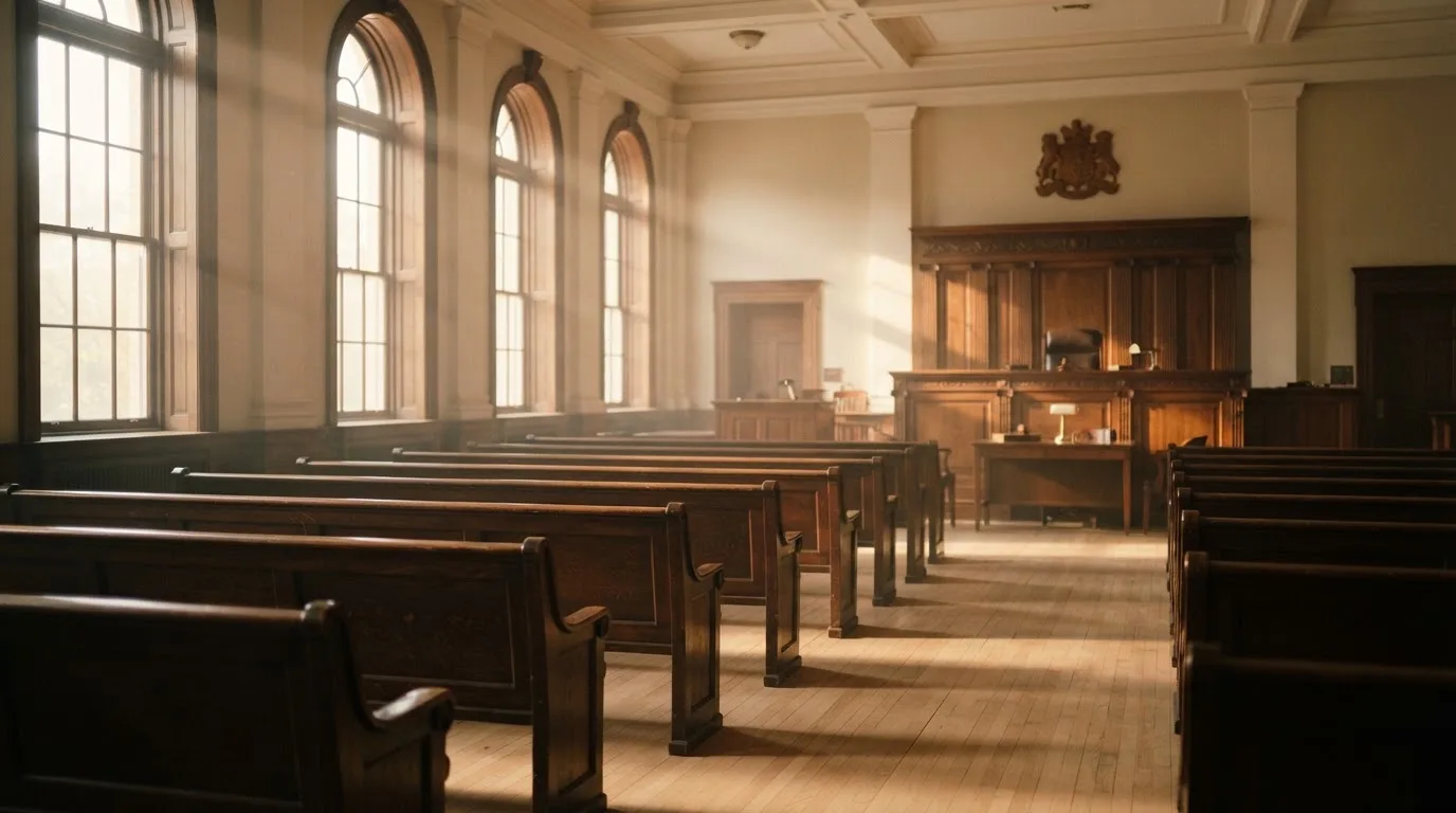 An empty courtroom with wooden benches in morning light